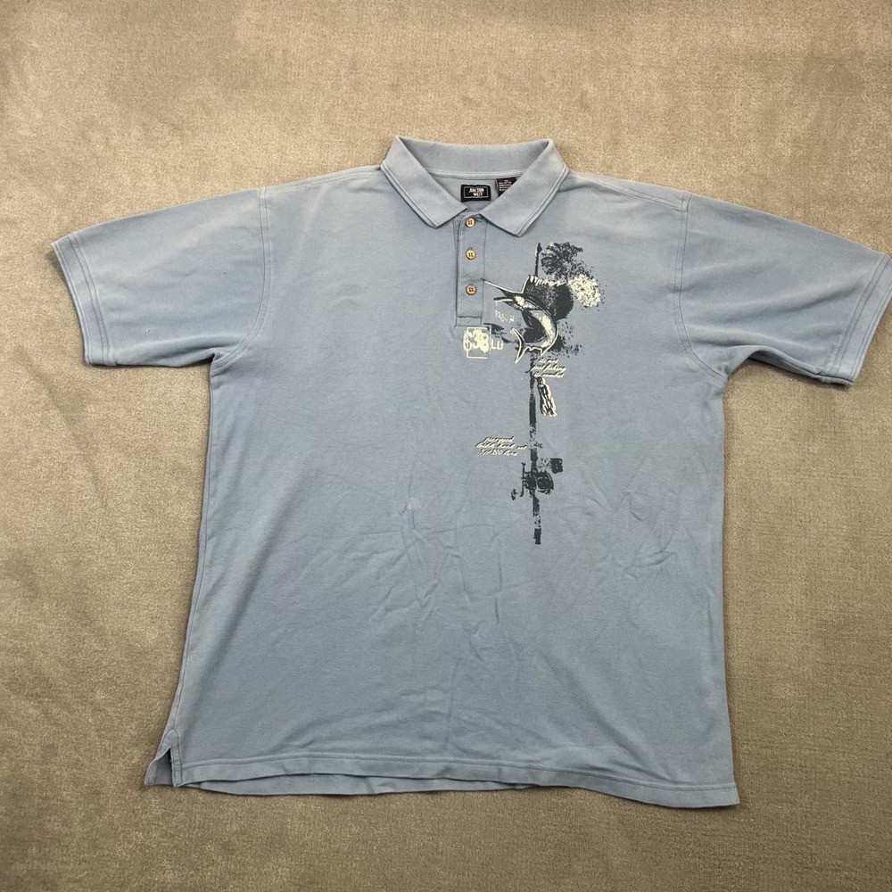 Junction West Polo Shirt Mens XL Blue Cotton Pique Marlin Fishing Graphic Casual
